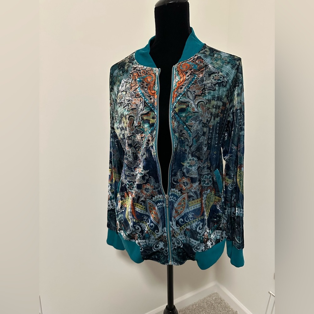 Women’s One World Blue Velour Zip-Up Bomber Jacket